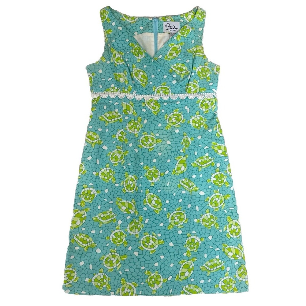 Lilly Pulitzer Aqua Blue Green Turtle Sun Dress Easter Sunday Vtg 90s Size 4